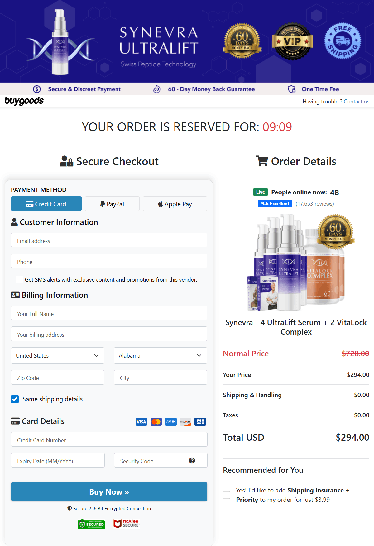 Synevra UltraLift Checkout page